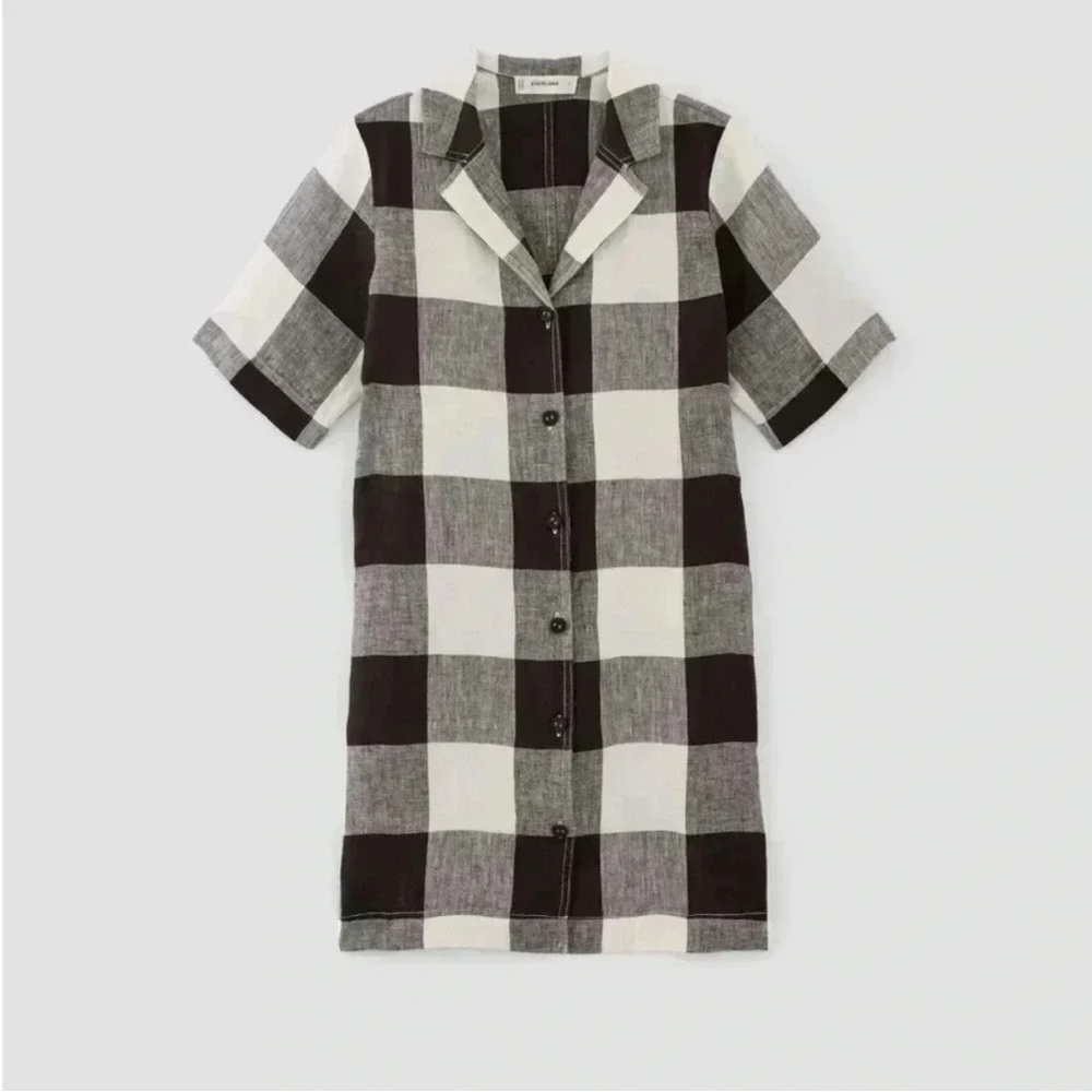 Everlane The Linen Shirt Dress Button Front Checkered Black White Knee Length XL - Picture 5 of 12